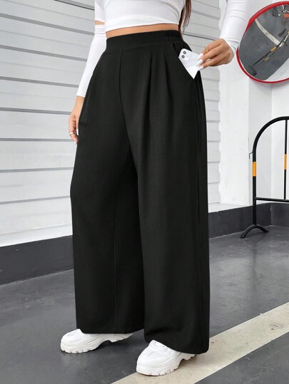SHEIN Essnce Plus Size Women's Autumn And Winter Casual Comfortable Loose Elastic Waist Black Basic Wide-Leg Pants Fall