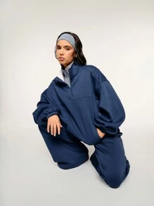 Athîral 女士纯蓝色前扣长袖休闲运动衫 保暖防寒保暖 - 藍色 - 查看 2