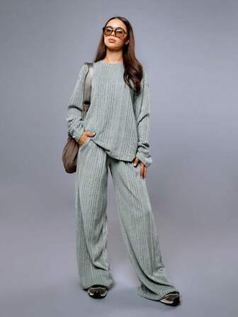 Athîral 2 件套女士休闲纯色长袖上衣和裤子，秋冬