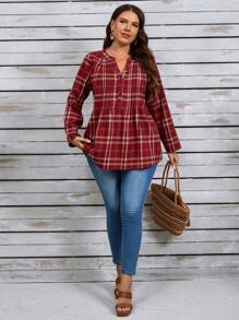 EMERY ROSE Plus Size Front Button Long Sleeve Plaid Shirt, Casual Everyday Wear - Burgundy - View 5