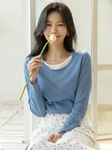 DAZY 女士优雅圆领撞色长袖针织毛衣，秋季服装 - 藍色 - 查看 3