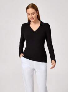 TaskEZ Solid Color Lapel Long Sleeve Nursing Scrub Uniform Top Scrub Top - Black - View 11