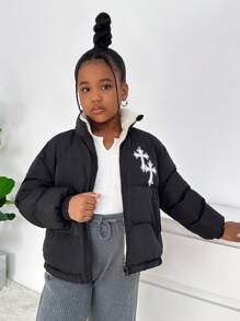 SHEIN Tween 女童双面保暖内衬立领长袖飞行员夹克，休闲秋冬 - 黑色 - 查看 3