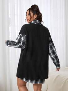 SHEIN EZwear Plus Size Plaid Shirt Dress With Solid Color Camisole 2 Pieces Set, Casual For Autumn