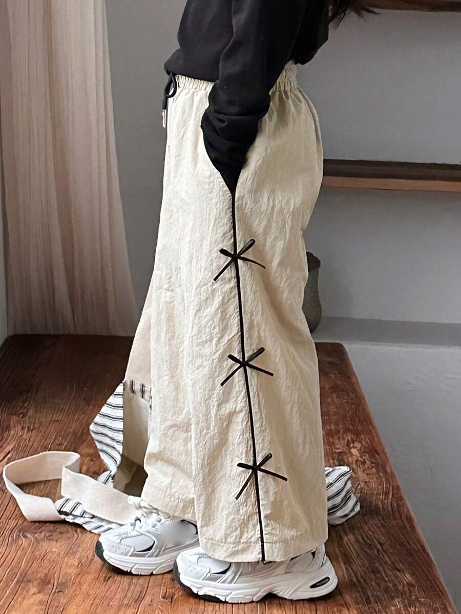 Dazy Kids Young Girl Colorblock Bowknot Detail Long Pants, Fall Outfit,Back To School Clothes