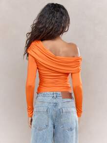MISSGUIDED 不对称平纹针织褶饰单肩长袖上衣 - 橘色 - 查看 2