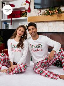 圣诞节男士圣诞字母印花长袖上衣和格子长裤睡衣套装