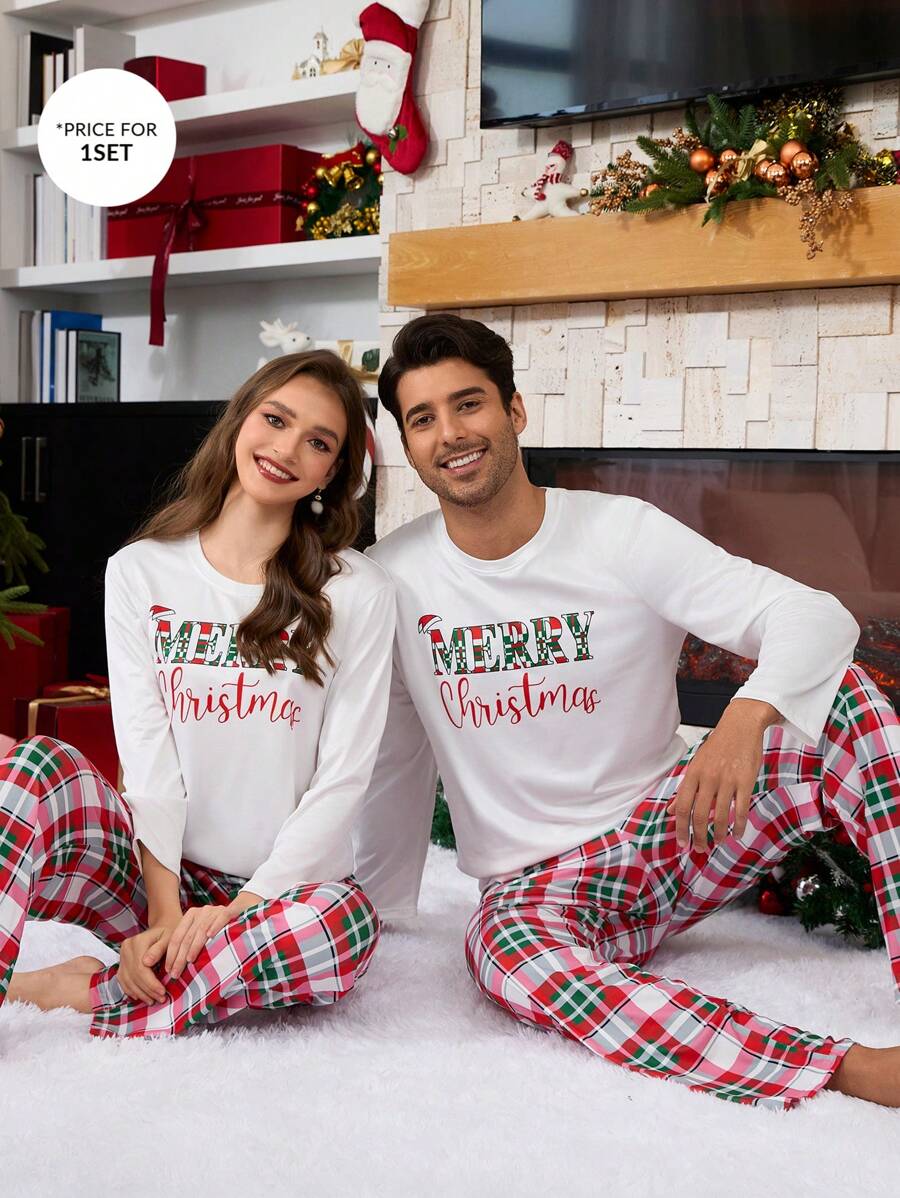 圣诞节男士圣诞字母印花长袖上衣和格子长裤睡衣套装