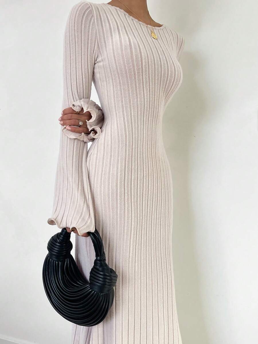 Chiquease 1pc Women's Backless Long Sleeve Ruffled Knit Dress, Bodycon Rib Low Waist Mermaid Gown - Apricot - View 1