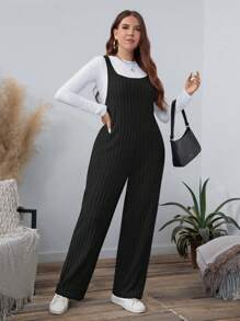 SHEIN LUNE 大码女式纯色罗纹连体裤，秋季假日装 - 黑色 - 查看 4