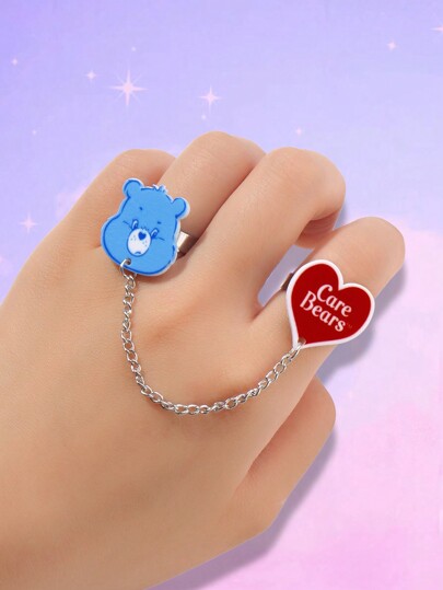 ROMWE X Care Bears 1 Set Adorable Expression Custom 2pcs Ring Chain Link Connecting Set, Heart Shaped Stainless Steel Open Size Adjustable Rings, Suitable For Women Everyday Wear, Holiday Gift
