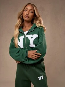 MISSGUIDED Varsity New York Athletic 拉链连帽卫衣 秋冬休闲居家服 街头风 学院风 运动休闲连帽夹克 圣诞节 - 綠色 - 查看 2