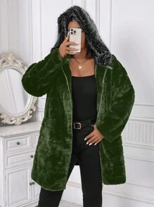 SHEIN LUNE Plus Size Long Sleeve Zip Front Fluffy Patchwork Casual Coat, Winter
