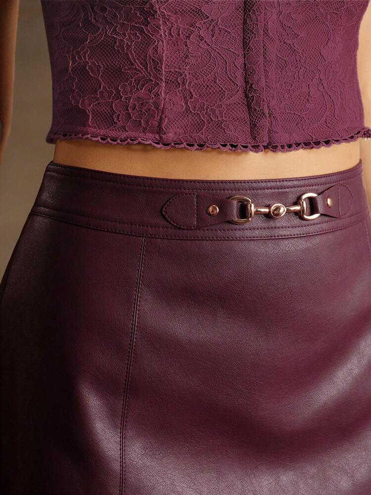 Women Plain Elegant Christmas Season Autumn PU Leather Metal Buckle Fashionable A-Line Skirt Burgundy Color Women