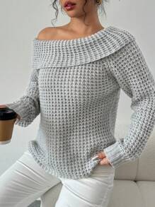 Elenzga 浅灰色不对称领口插肩袖女式针织套头衫，秋冬款 - 淺灰色 - 查看 4