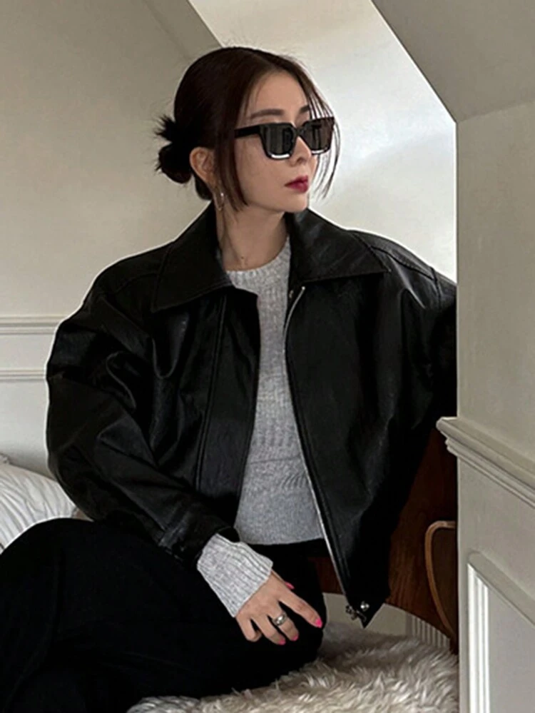 Women Plain Front Zipper Long Sleeve Casual Short PU Leather Jacket Fall,Winter