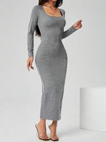 SHEIN PETITE 秋装纯色方领紧身黑色长袖连衣裙 - 深灰色 - 查看 3