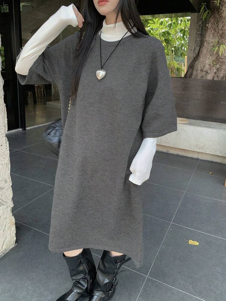 Women Casual Solid Color Raglan Sleeve Sweater Dress Fall,Winter