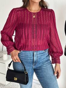 SHEIN Frenchy Plus Solid Fall Lantern Sleeve Blouse Without Cami Top,Lace,Long Sleeves,Date Night