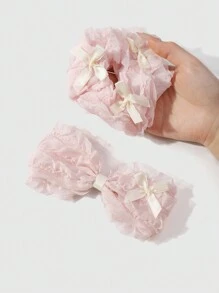 ROMWE Kawaii 4 件套精致、甜美、温柔的高品质粉色网状丝带蝴蝶结发夹组合，适合女孩、姐妹、日常佩戴、节日礼物 - 淺粉色 - 查看 2
