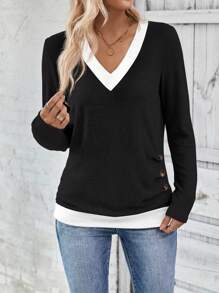 SHEIN LUNE Camiseta casual de manga larga con cuello en V y bloqueo de color para mujer, blusas gráficas para mujer para atuendos de primavera