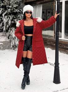 Calvaya 加大码纽扣拉链抽绳连帽加厚棉服外套冬季 - 紅色 - 查看 8