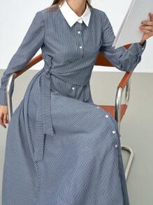 Mulvari Women's Solid Color Splice Front Button Long Sleeve Simple Long Casual Arabian Modest Dress - Blue - View 1