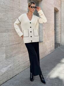 RueChic Women Knitwear Oversize Cardigan With Contrast Binding - Beige - View 6