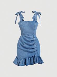 SHEIN MOD Vestido informal de mujer de mezclilla lavada con volantes en el bajo y tirantes