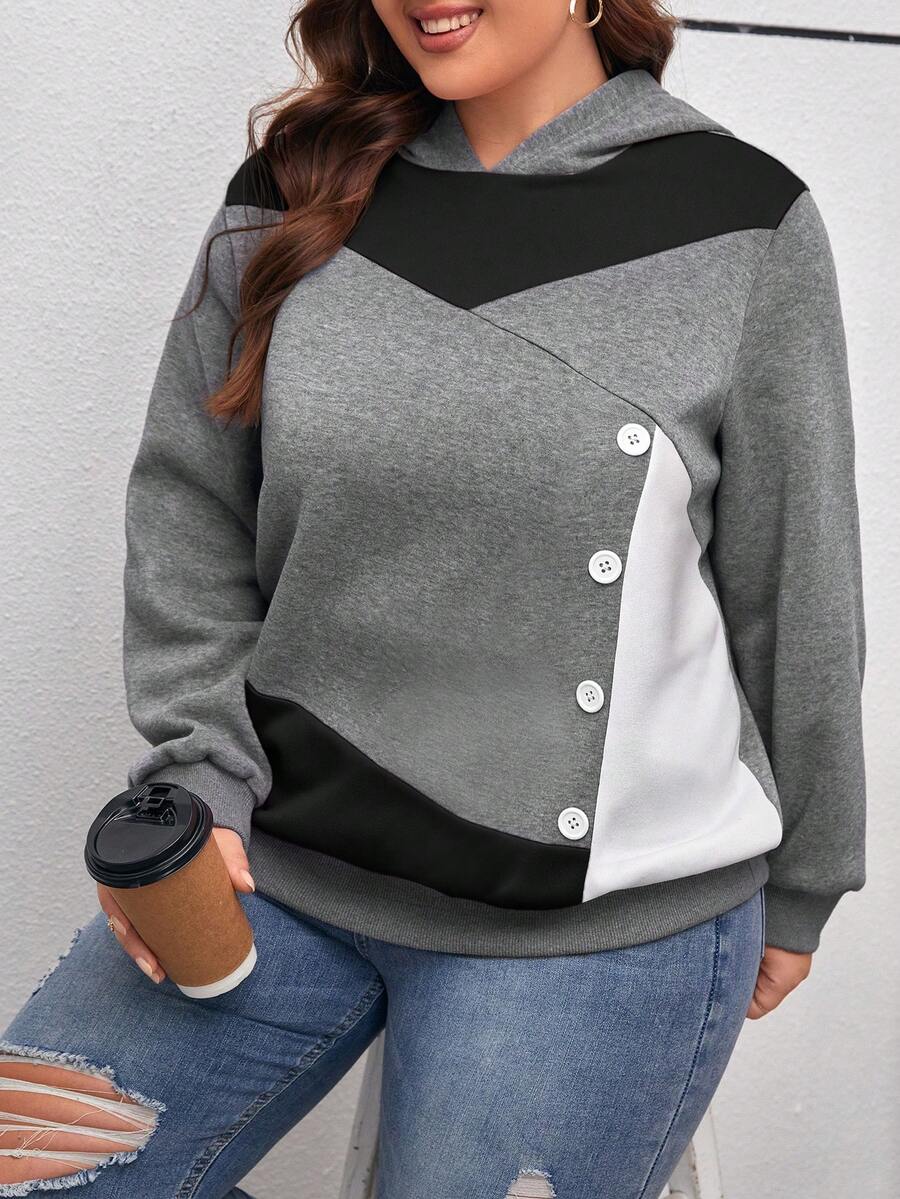 SHEIN LUNE Áo nỉ trùm đầu tay dài màu tương phản cỡ lớn thường ngày - màu đen - Xem 1