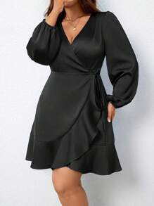 Rometta Plus Size Women's Solid Color Overlapping V-Neck Lantern Sleeve Side Tied Satin Dress Fall Cloth For Women - Black - View 6