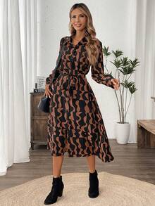 SHEIN LUNE 女士全印花前扣系带长袖中长连衣裙 - 咖啡棕 - 查看 3