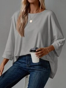 EMERY ROSE Women's Solid Color Round Neck Long Sleeve Basic T-Shirt, Casual Everyday Wear - Grey - View 5