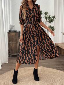 SHEIN LUNE 女士全印花前扣系带长袖中长连衣裙 - 咖啡棕 - 查看 4