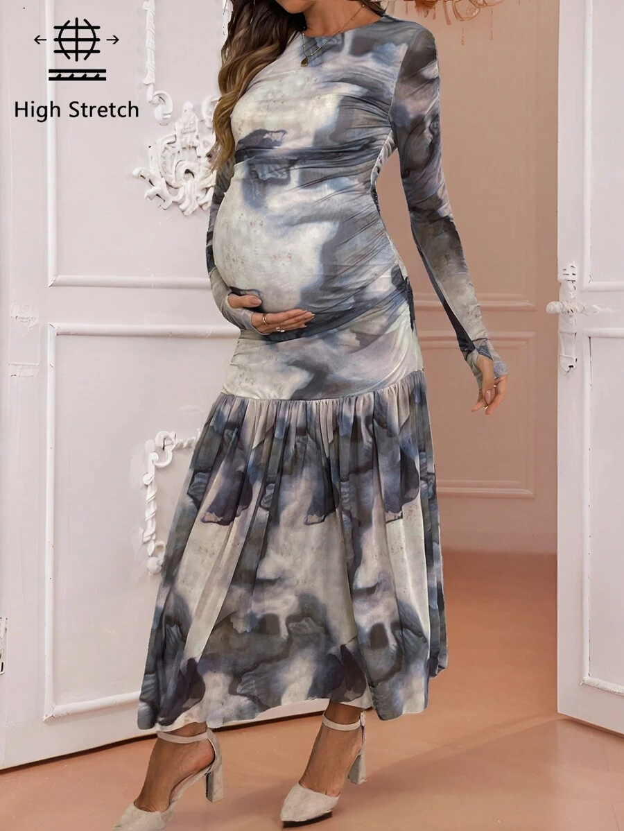 SHEIN Pregnant Women Elegant Tie-Dye Print Crew Neck Long Sleeve Ruffle Hem Maternity Dress, Autumn - Multicolor - View 1