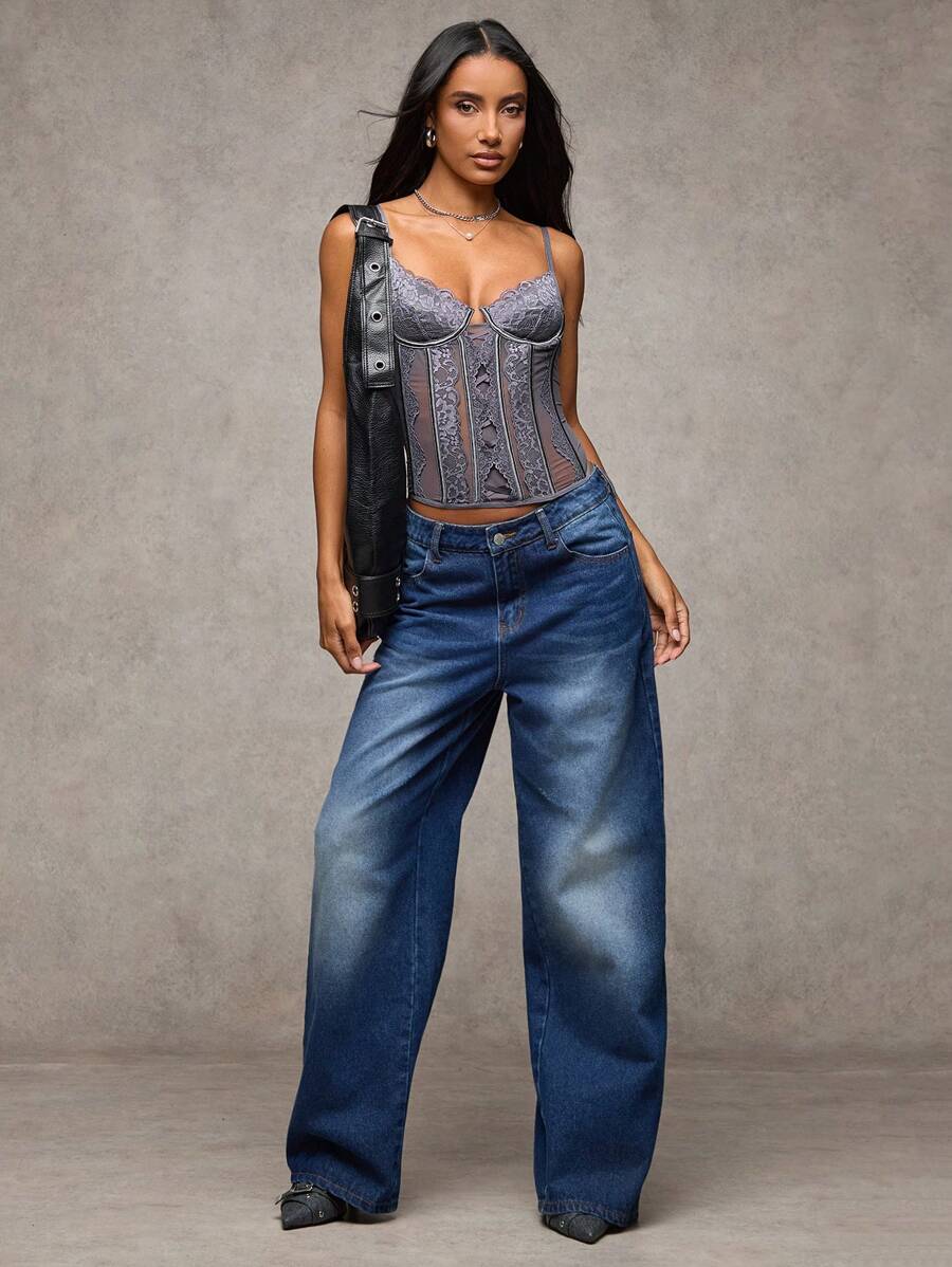 SHEIN BAE Damen graue sexy Spitzen-Korsage-Oberteil, Konzert-Outfits, Damen vielseitiges Spaghettiträger-Camisole mit hoher Spitze für die Straße, geeignet für Dates, Nachtausflüge, Rave-Partys, Geburtstagsfeiern, Party-Outfits, Ausgehen, Weihnachtsoutfits - Grau - Übersicht 1