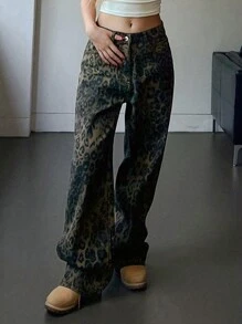 DAZY Jeans de pierna recta con estampado de leopardo para mujer