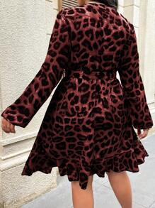 SHEIN Clasi Plus Size Autumn Leopard Print Ruffle Trim Tied Wrap Dress For New Year Clothes