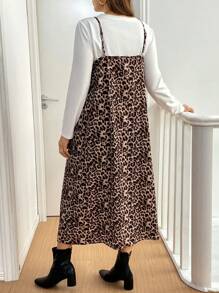 SHEIN Essnce Plus Size Plain Crew Neck Long Sleeve Shirt And Casual Leopard Print Dress 2 Pieces Set