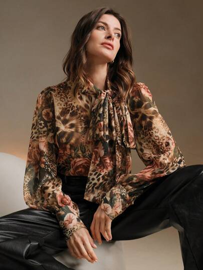 Anewsta Women's Floral & Leopard Print Bowknot Collar Elegant Blouse, Suitable For New Year, Thanksgiving, Autumn/Winter