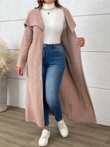 SHEIN Unity Áo len cardigan dài tay dệt kim màu trơn cỡ lớn đa năng thường ngày - Màu Khaki - Xem 5