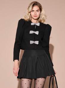 Enchnt Chaqueta de tweed de manga larga con lazo con strass brillantes negro, romántica para mujer, atuendo dulce y elegante para el Día de San Valentín, fiestas de Navidad, Año Nuevo, cumpleaños, vacaciones y citas románticas