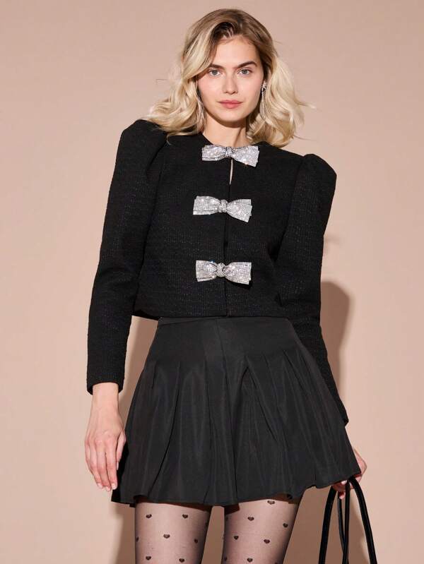 Enchnt Spring/Winter Romantic Women's Black Sparkling Rhinestone Bow Decor Long Sleeve Tweed Jacket,Sweet&Elegant Outfit For Valentine's Day&Christmas Party&New Years&Birthday&Holiday &Sweet Date Night