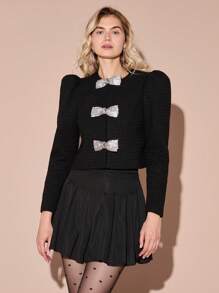Enchnt Chaqueta de tweed de manga larga con lazo con strass brillantes negro, romántica para mujer, atuendo dulce y elegante para el Día de San Valentín, fiestas de Navidad, Año Nuevo, cumpleaños, vacaciones y citas románticas