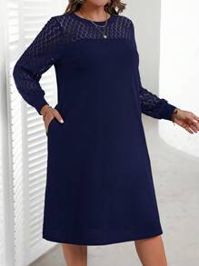 EMERY ROSE Plus Size Women's Solid Color Round Neck Contrast Lace Long Sleeve Straight Elegant Fall Dress