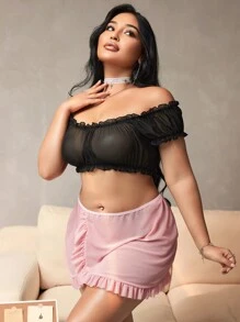 3pcs/Set Plus Size Women Ruffled Off-Shoulder Short Sleeve Sexy Lingerie Set - Multicolor - View 5