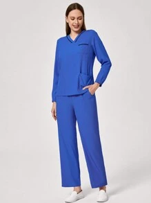 TaskEZ Conjunto de uniforme de trabajo de blusa de manga larga con bolsillo y cuello en V en contraste, y pantalones