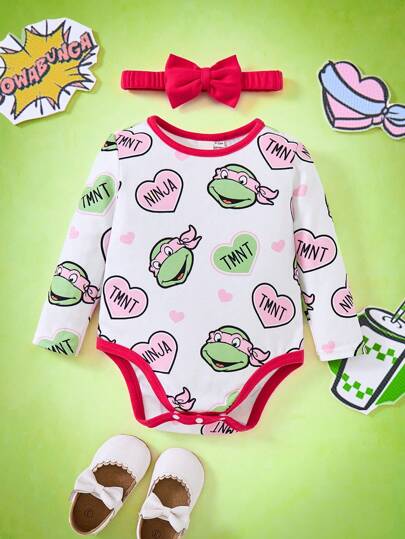 TEENAGE MUTANT NINJA TURTLES | SHEIN 2pcs Baby Girl Cute And Sweet Casual Bow Headband And White Cartoon Turtle Heart Print Long Sleeve Contrast Color Brushed Bodysuit Set,Winter Collection, For Christmas Autumn And Winter