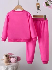 SHEIN Set de 2 piezas de sudadera y pantalones con estampado de personaje de dibujos animados y mariposa lindo para niña, color fucsia, adecuado para usar en capas, ropa exterior, ropa de estar en casa, otoño/invierno - Rosa Fucsia - Ver 6