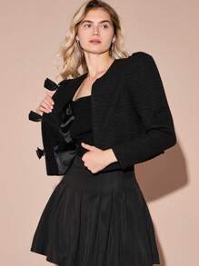 Enchnt Chaqueta de tweed de manga larga con lazo con strass brillantes negro, romántica para mujer, atuendo dulce y elegante para el Día de San Valentín, fiestas de Navidad, Año Nuevo, cumpleaños, vacaciones y citas románticas